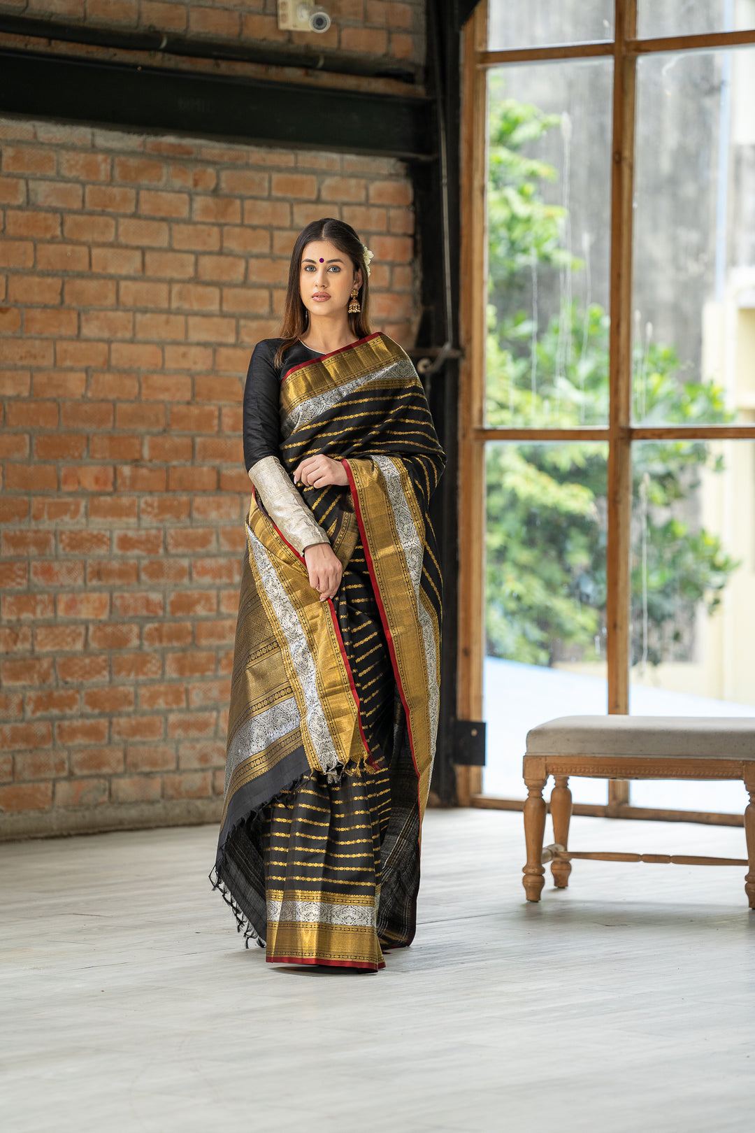 Black Zari Stripes Pure Kanchipuram Silk Saree - Clio Silks