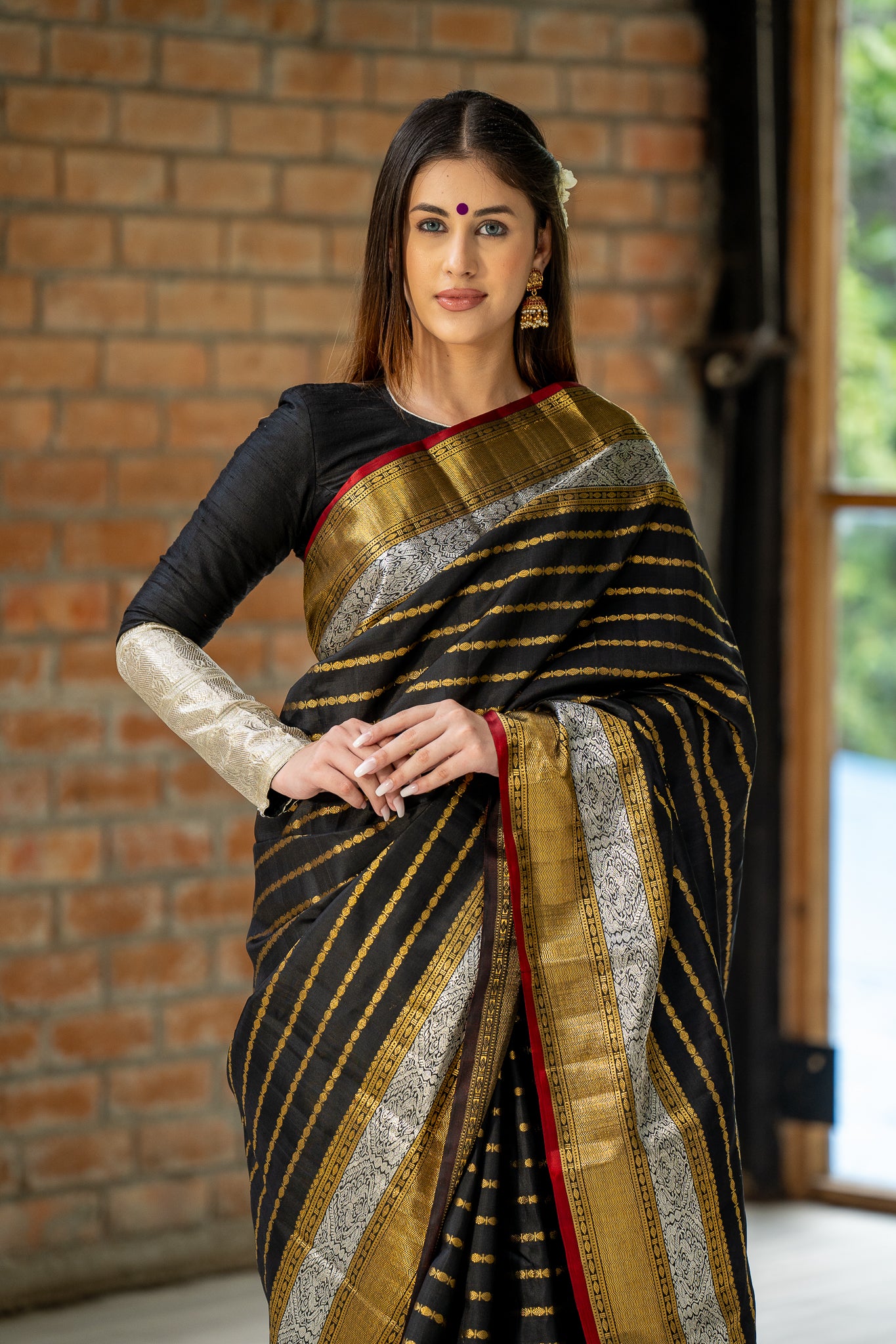 Black Zari Stripes Pure Kanchipuram Silk Saree - Clio Silks