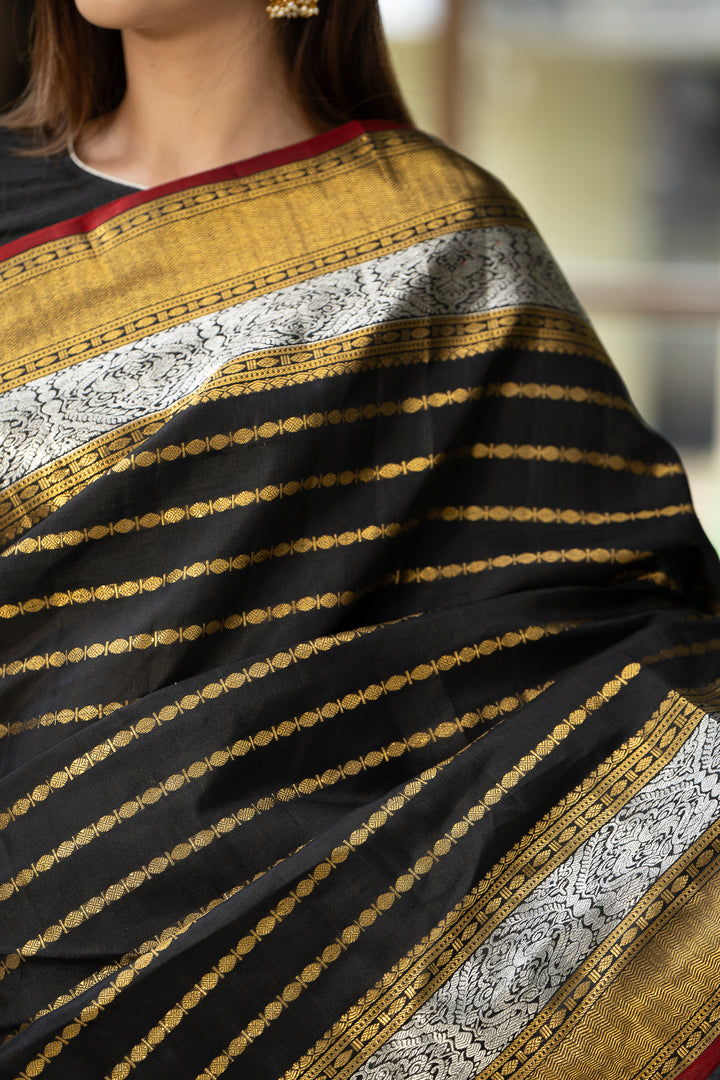 Black Zari Stripes Pure Kanchipuram Silk Saree - Clio Silks