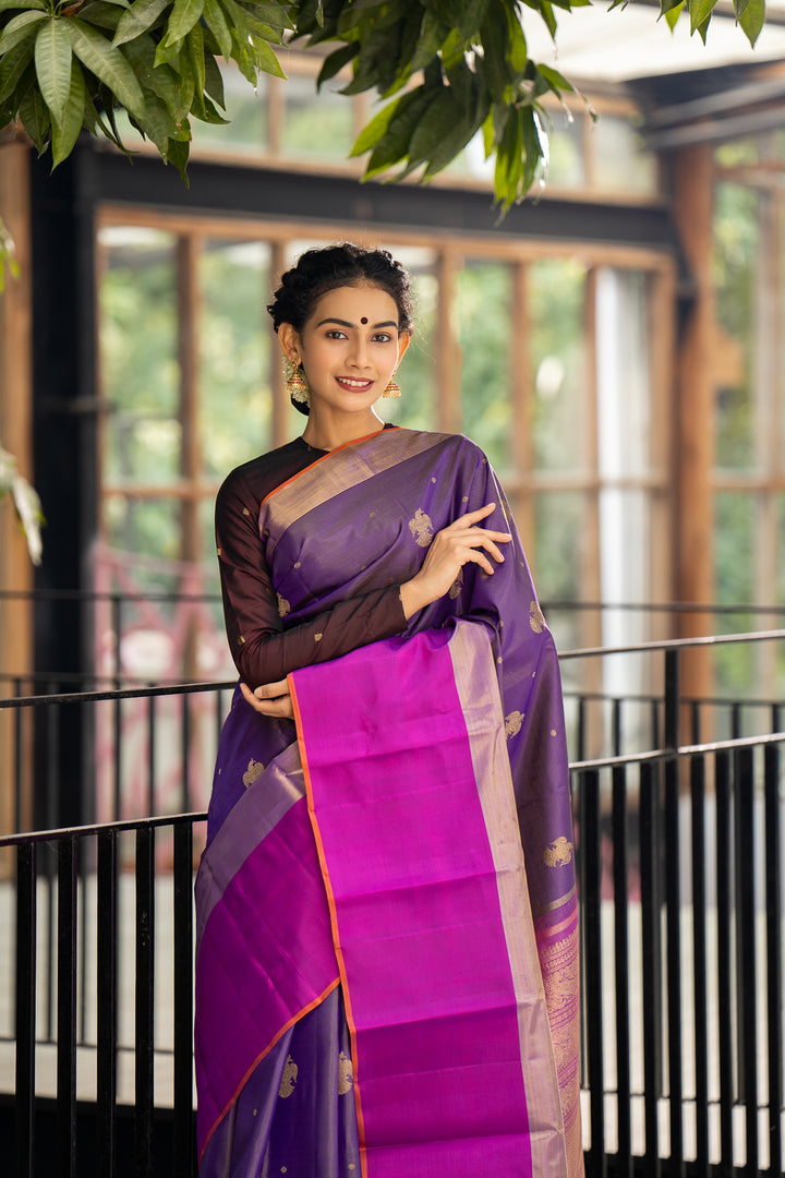 Purple Vairaoosi Iruthalaipakshi Pure Zari Kanchipuram Silk Saree - Clio Silks