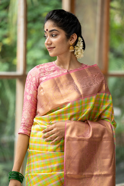 Traditional Multichecks Pure Kanjivaram Silk Saree with Pure Zari - Clio Silks