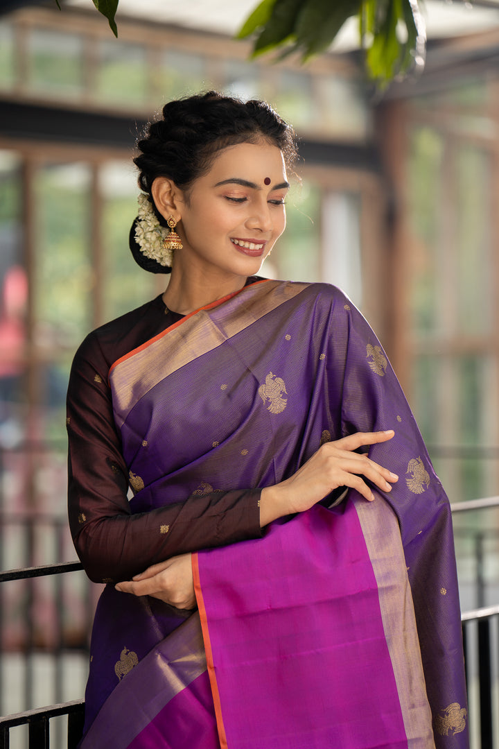 Purple Vairaoosi Iruthalaipakshi Pure Zari Kanchipuram Silk Saree - Clio Silks