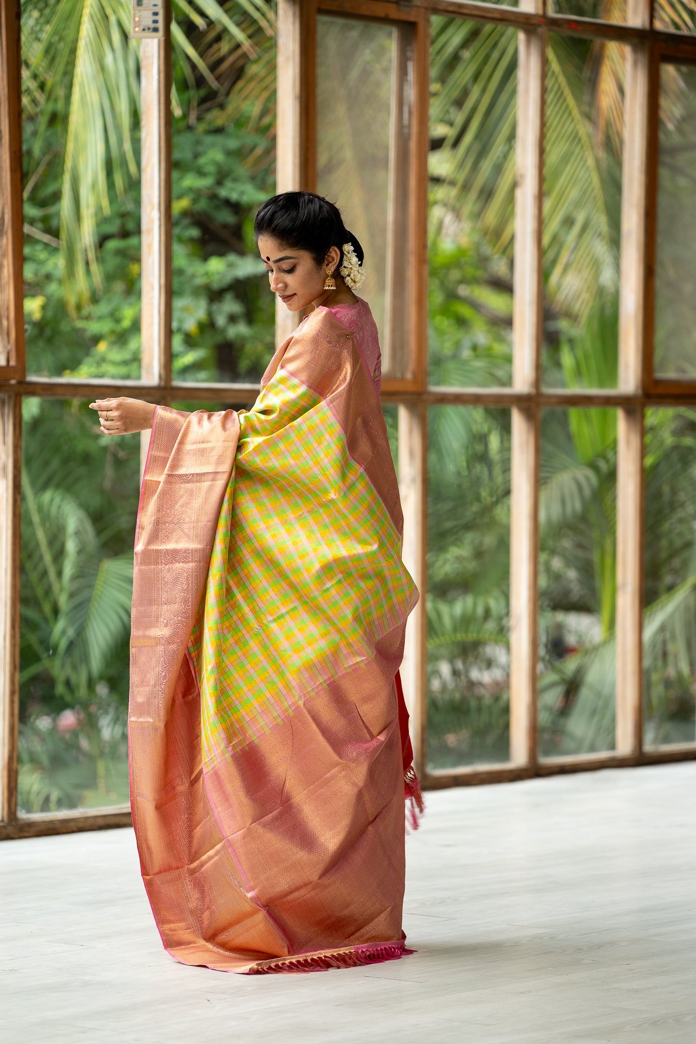 Traditional Multichecks Pure Kanjivaram Silk Saree with Pure Zari - Clio Silks