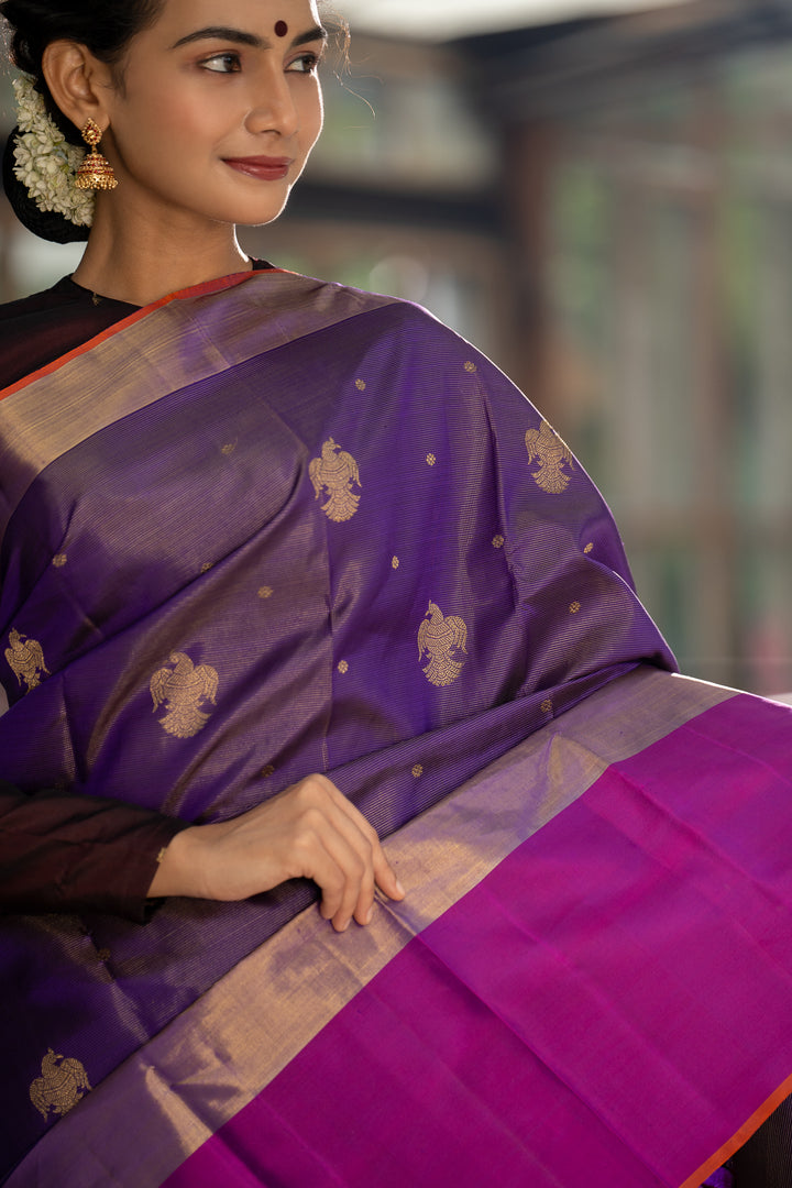 Purple Vairaoosi Iruthalaipakshi Pure Zari Kanchipuram Silk Saree - Clio Silks