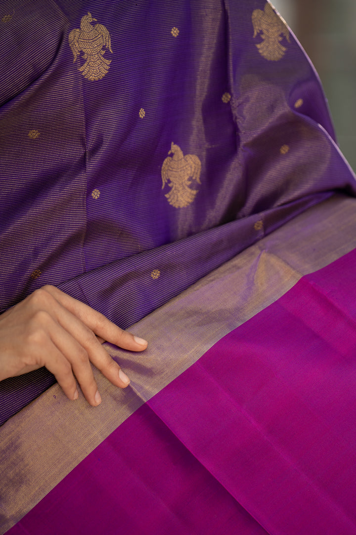 Purple Vairaoosi Iruthalaipakshi Pure Zari Kanchipuram Silk Saree - Clio Silks