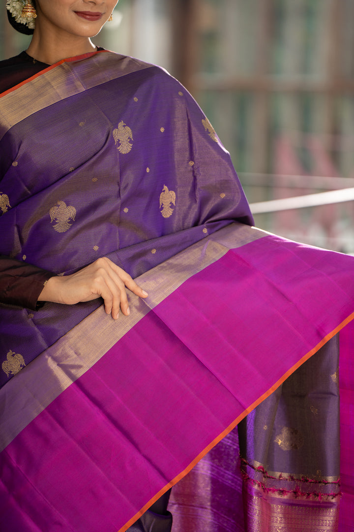 Purple Vairaoosi Iruthalaipakshi Pure Zari Kanchipuram Silk Saree - Clio Silks