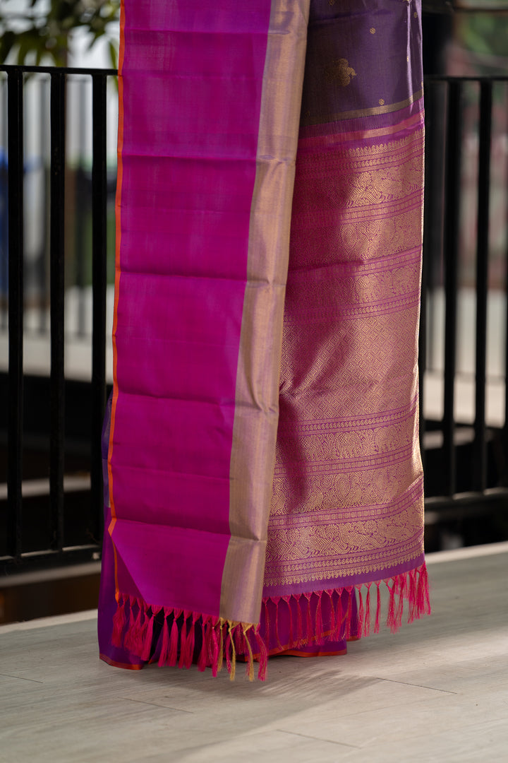 Purple Vairaoosi Iruthalaipakshi Pure Zari Kanchipuram Silk Saree - Clio Silks