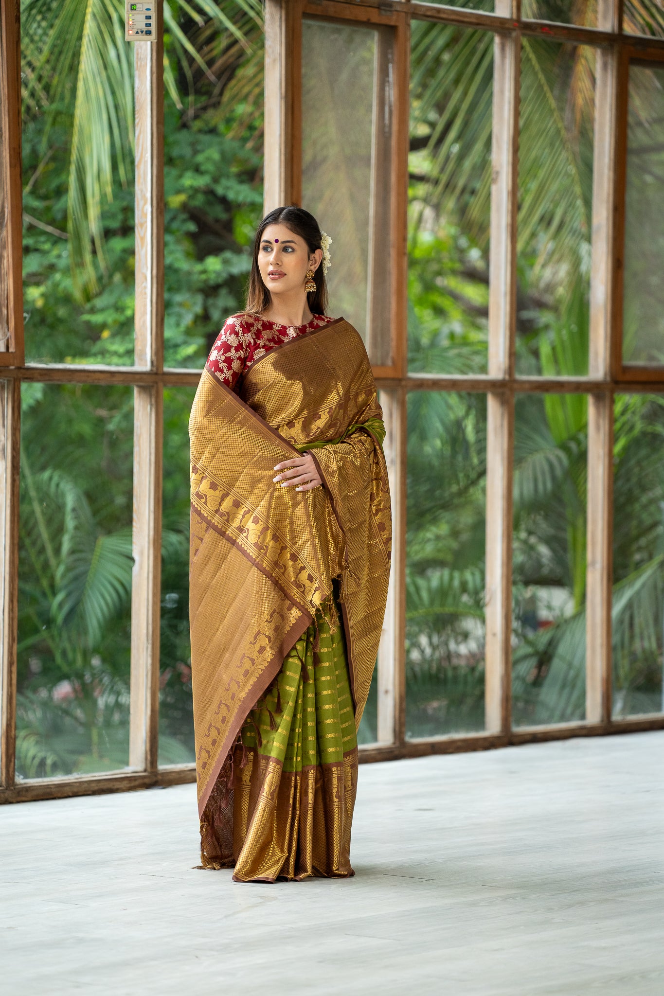 Envy Green Zari Stripes Pure Kanchipuram Silk Saree - Clio Silks