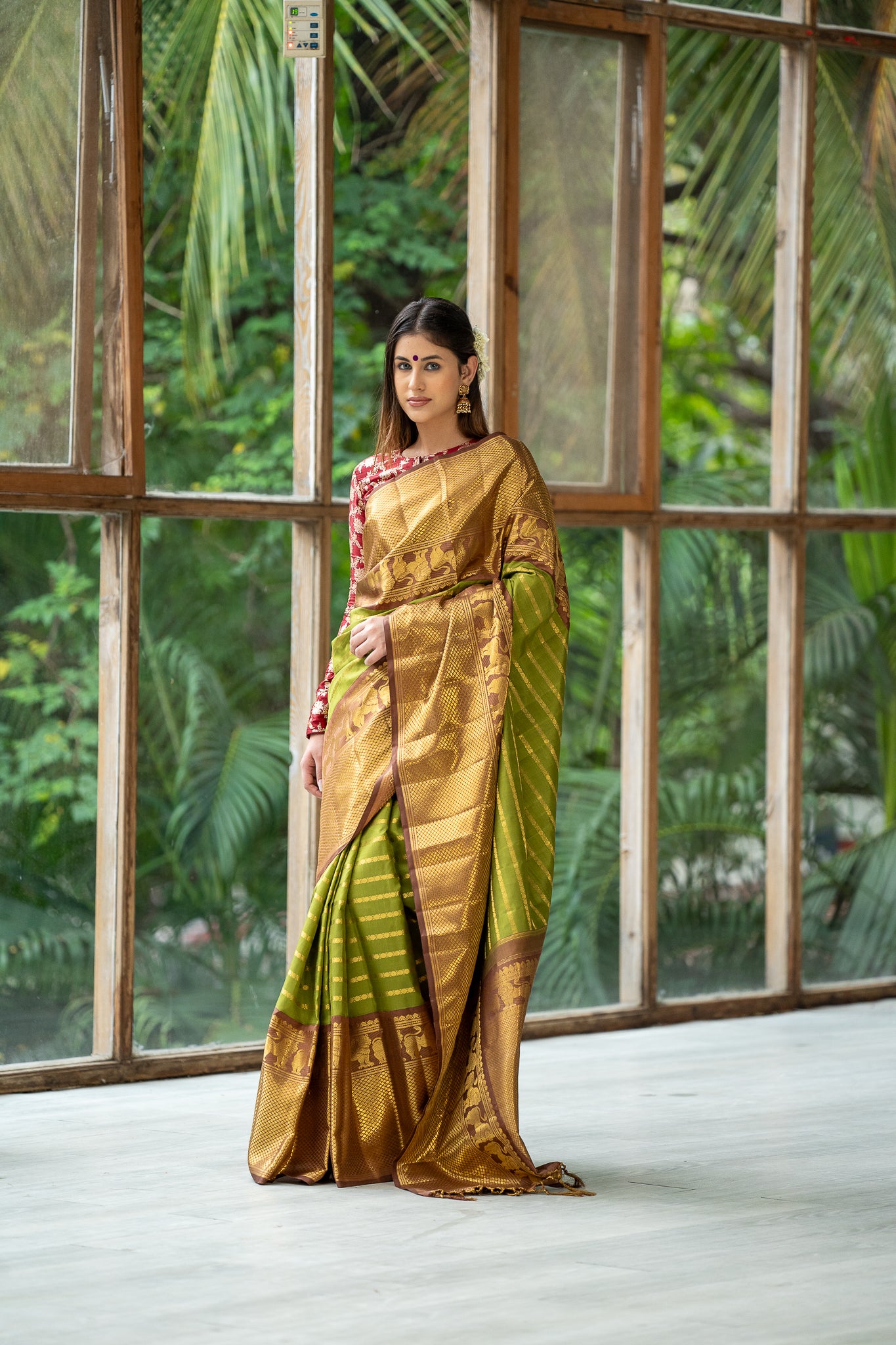 Envy Green Zari Stripes Pure Kanchipuram Silk Saree - Clio Silks