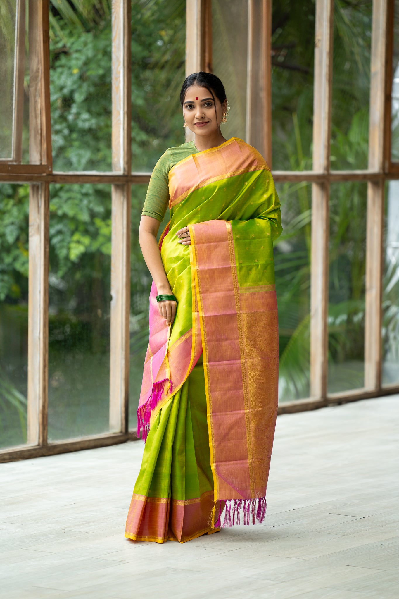 Lime Green and Peach Pure Zari Kanchipuram Silk Saree - Clio Silks