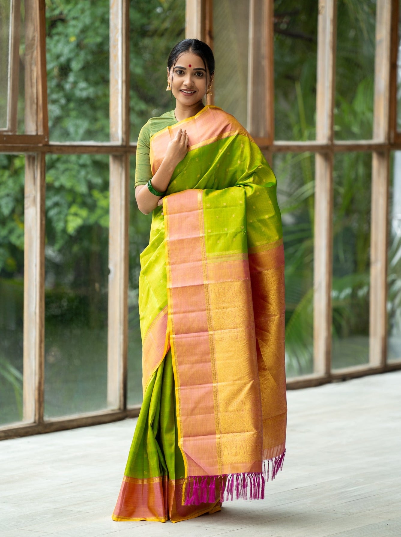 Lime Green and Peach Pure Zari Kanchipuram Silk Saree - Clio Silks