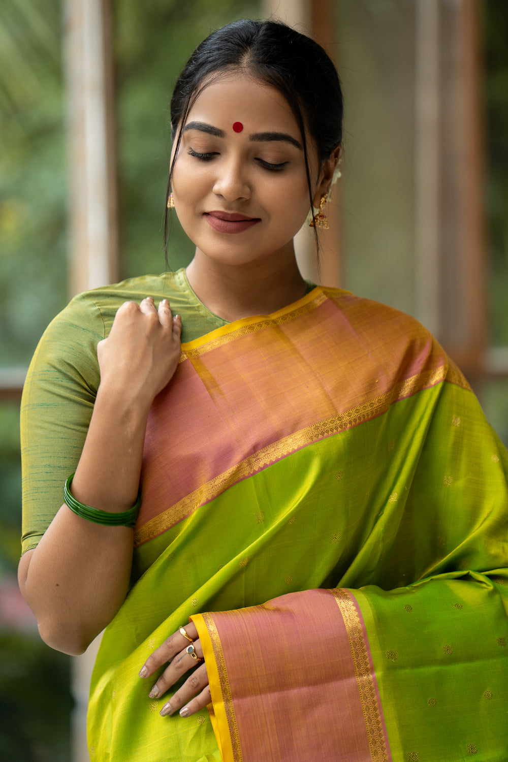 Lime Green and Peach Pure Zari Kanchipuram Silk Saree - Clio Silks