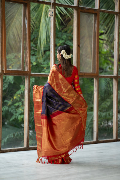 Midnight Blue Pure Zari Stripes Kanjivaram Silk Saree - Clio Silks