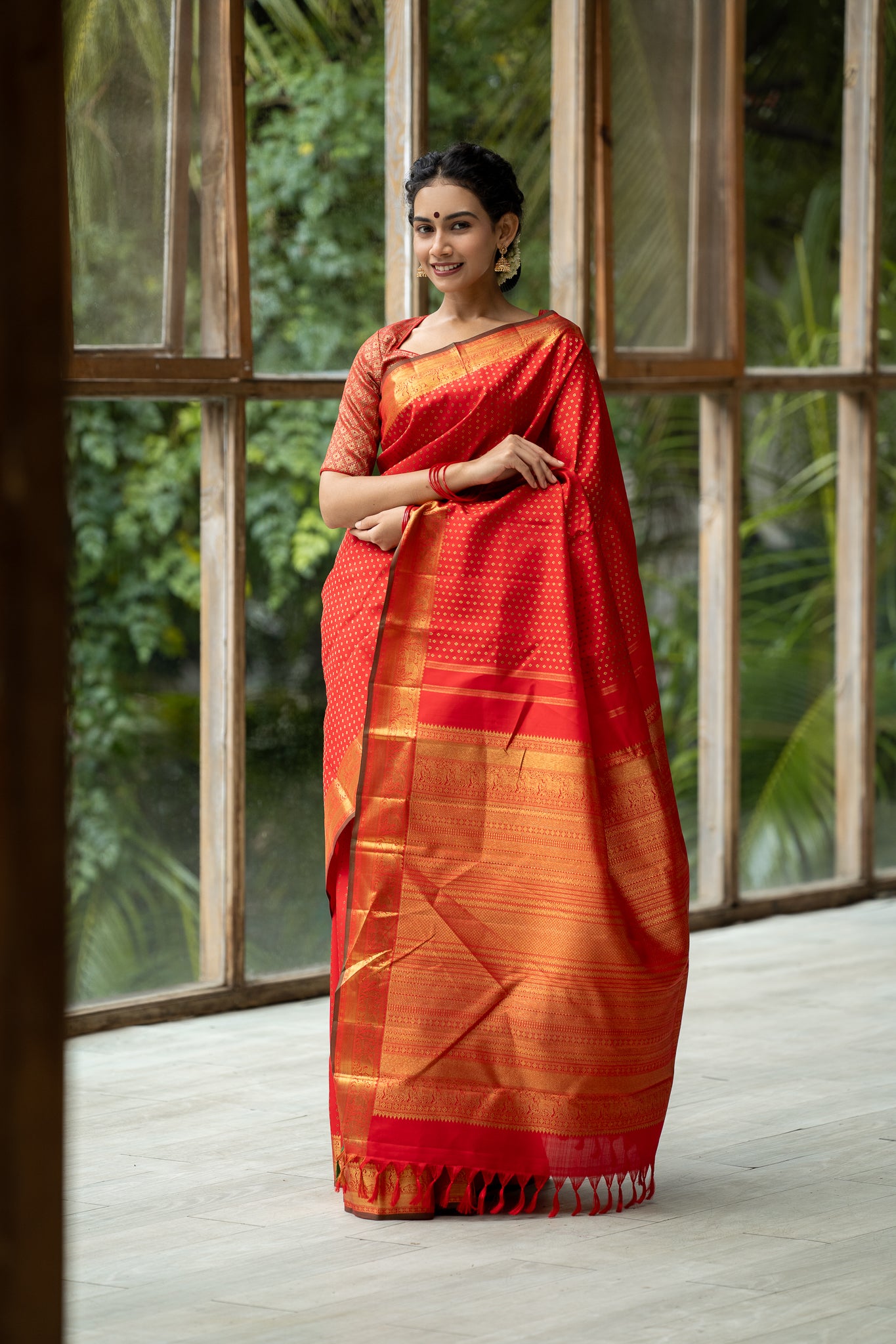 Red Minakari Pure Zari Kanchipuram Silk Saree - Clio Silks
