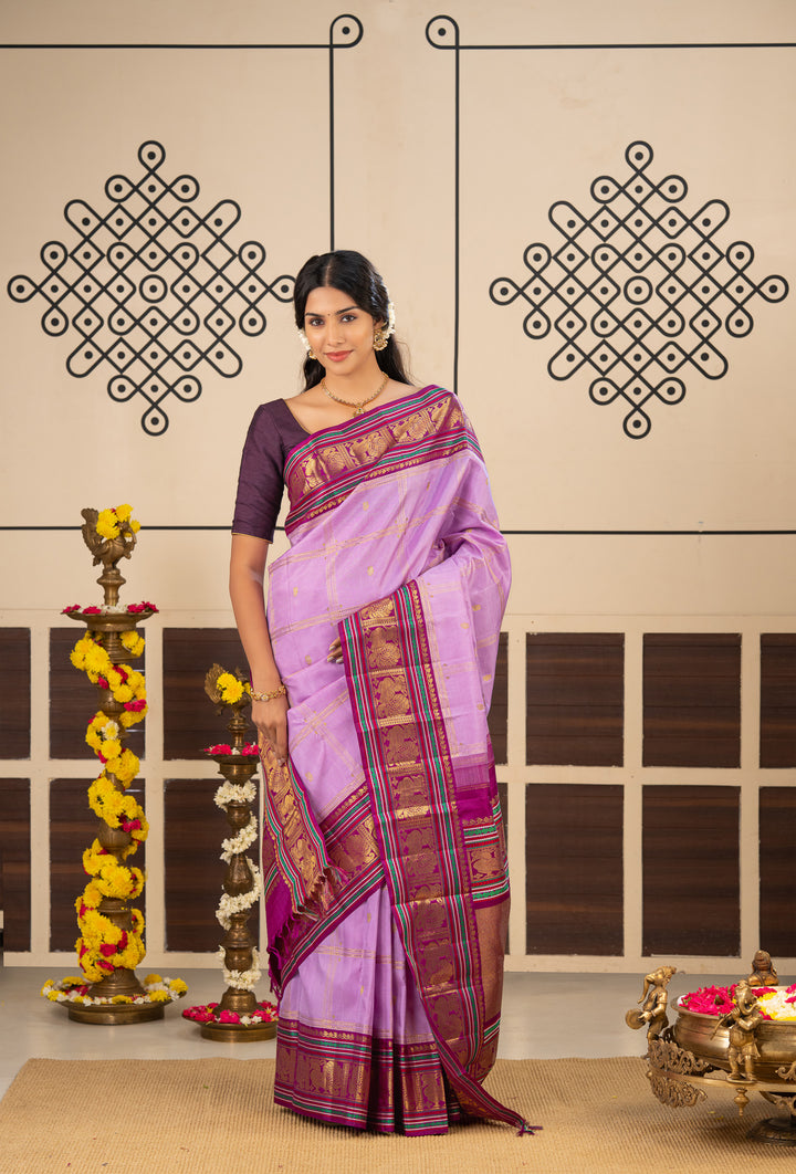 Lilac and Purple Vintage Zari Checks Pure Kanchipuram Silk Saree