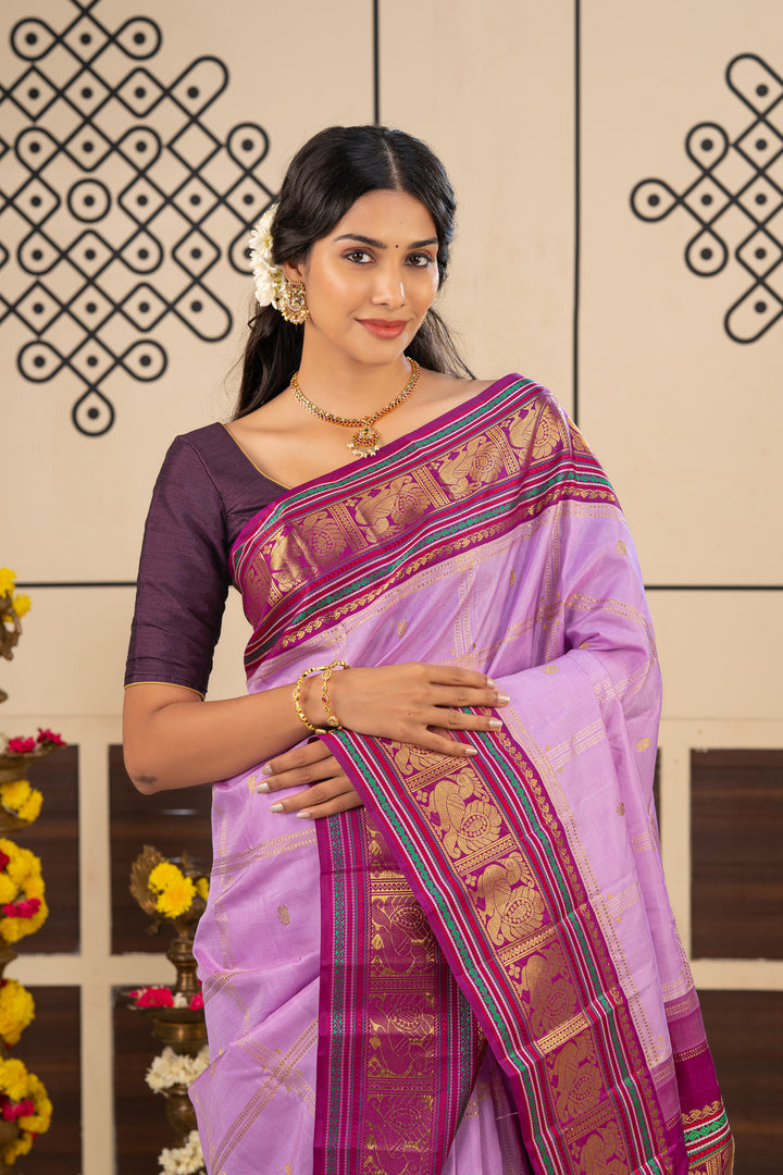 Lilac and Purple Vintage Zari Checks Pure Kanchipuram Silk Saree