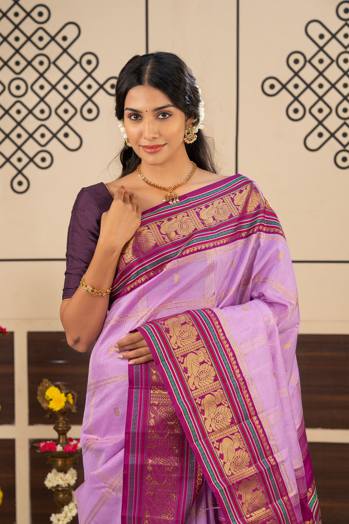Lilac and Purple Vintage Zari Checks Pure Kanchipuram Silk Saree