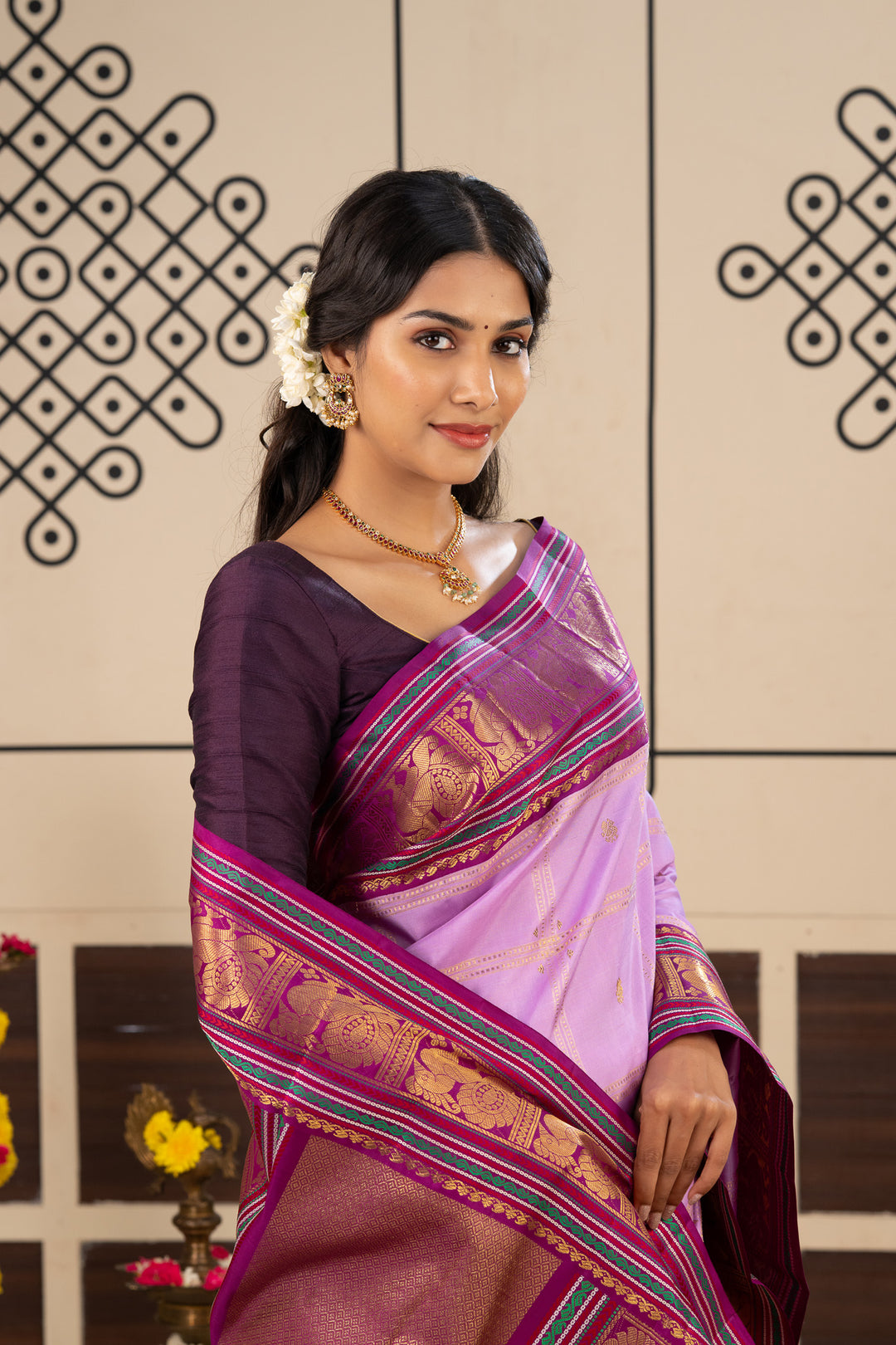 Lilac and Purple Vintage Zari Checks Pure Kanchipuram Silk Saree