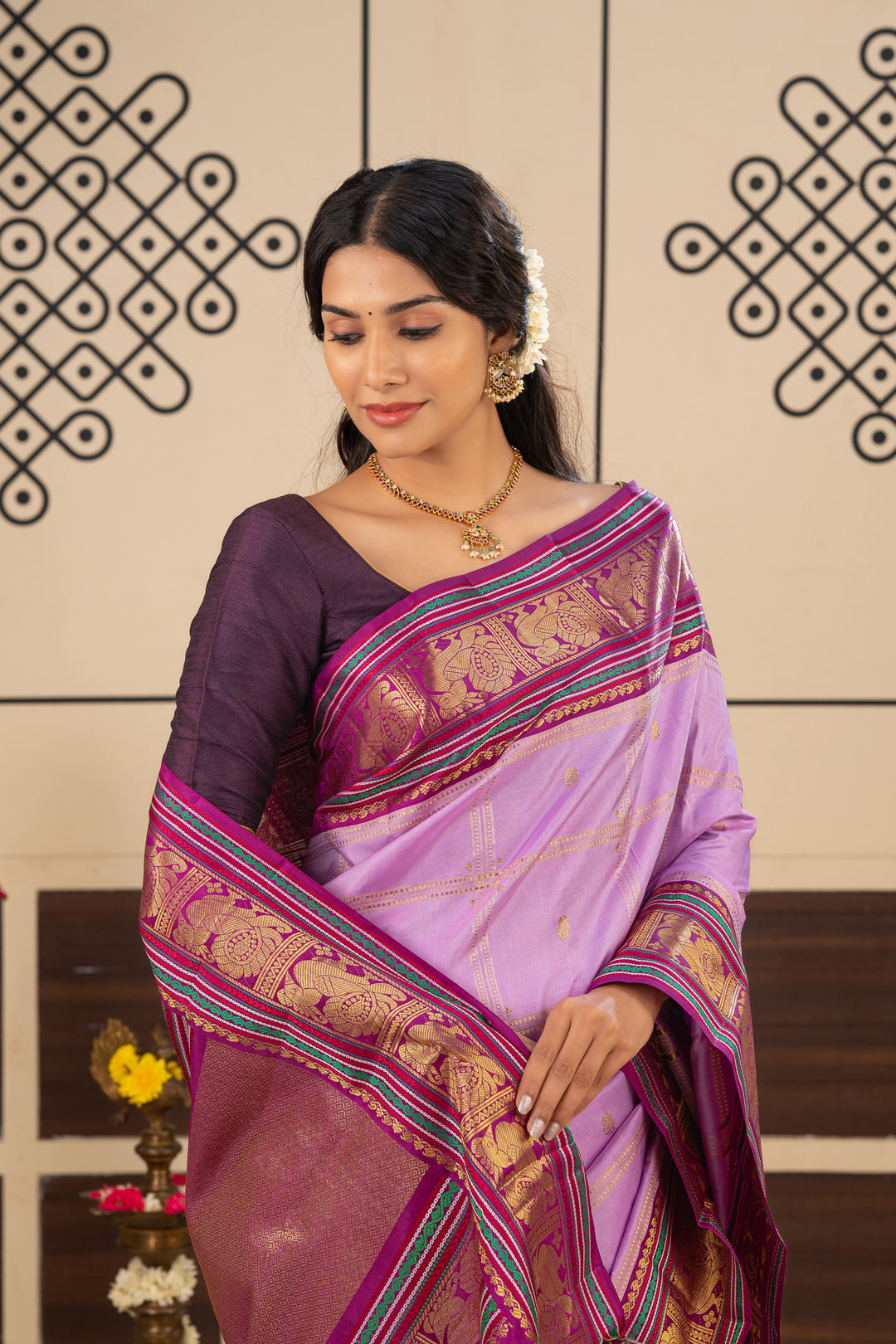 Lilac and Purple Vintage Zari Checks Pure Kanchipuram Silk Saree