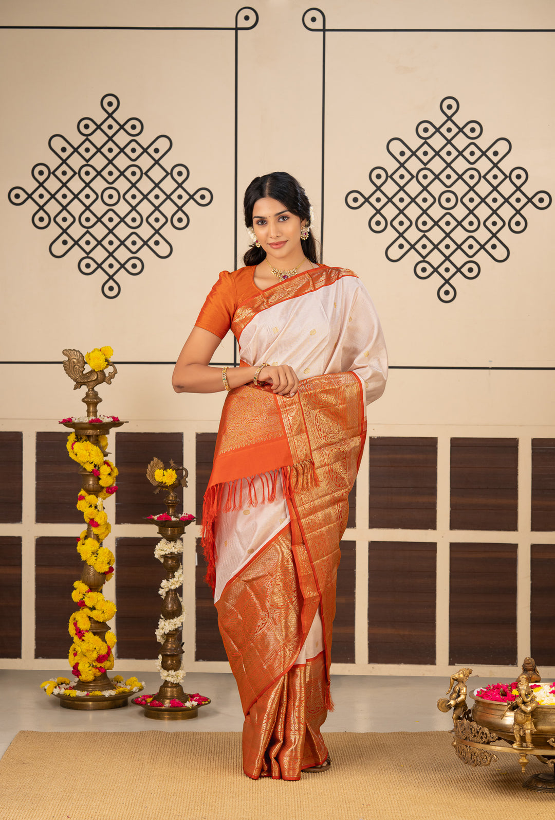 Peach White and Orange Vairaoosi Stripes Pure Kanchipuram Silk Saree