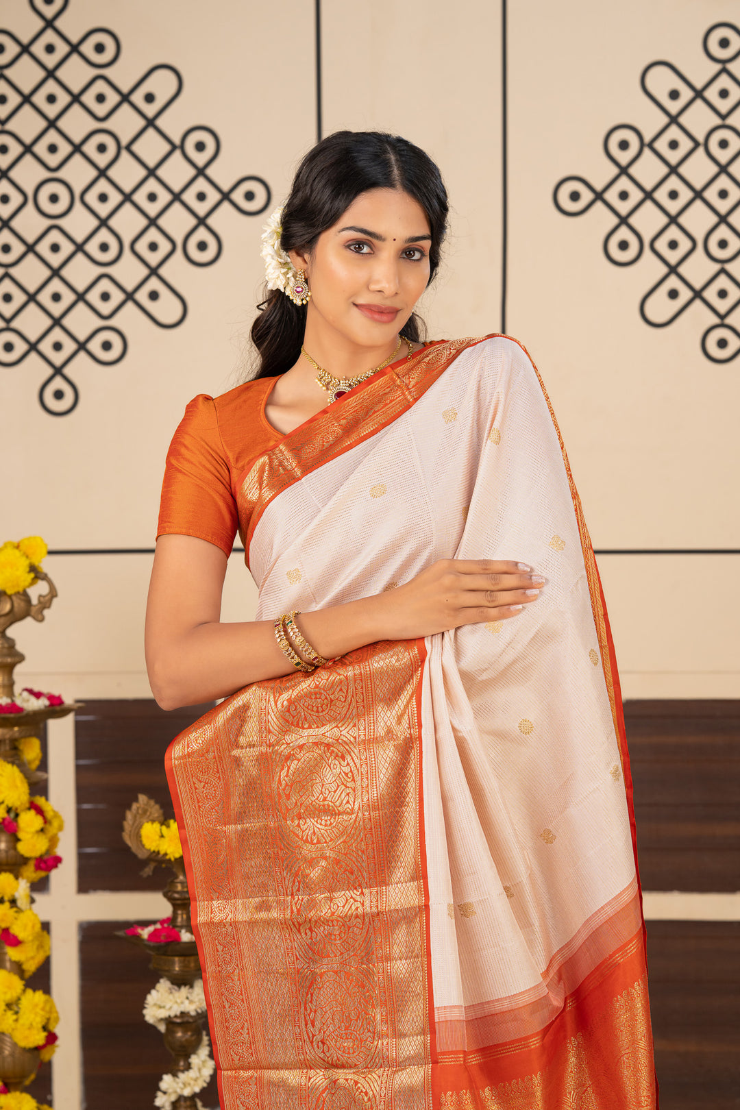 Peach White and Orange Vairaoosi Stripes Pure Kanchipuram Silk Saree