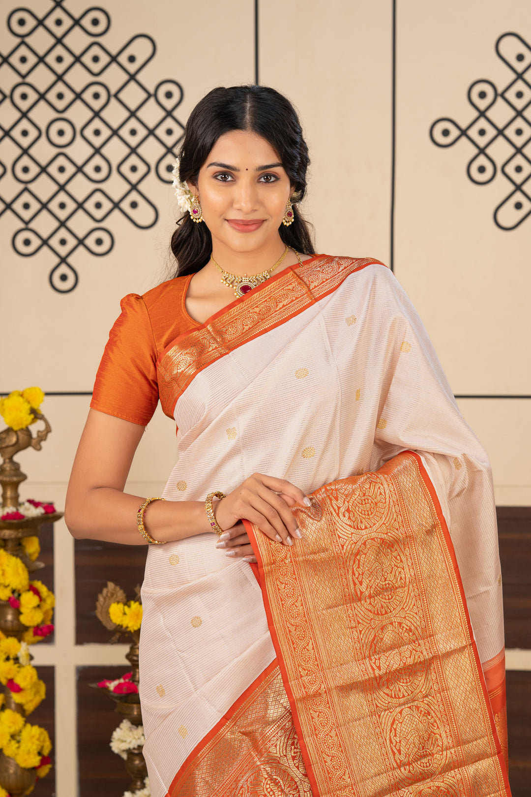 Peach White and Orange Vairaoosi Stripes Pure Kanchipuram Silk Saree