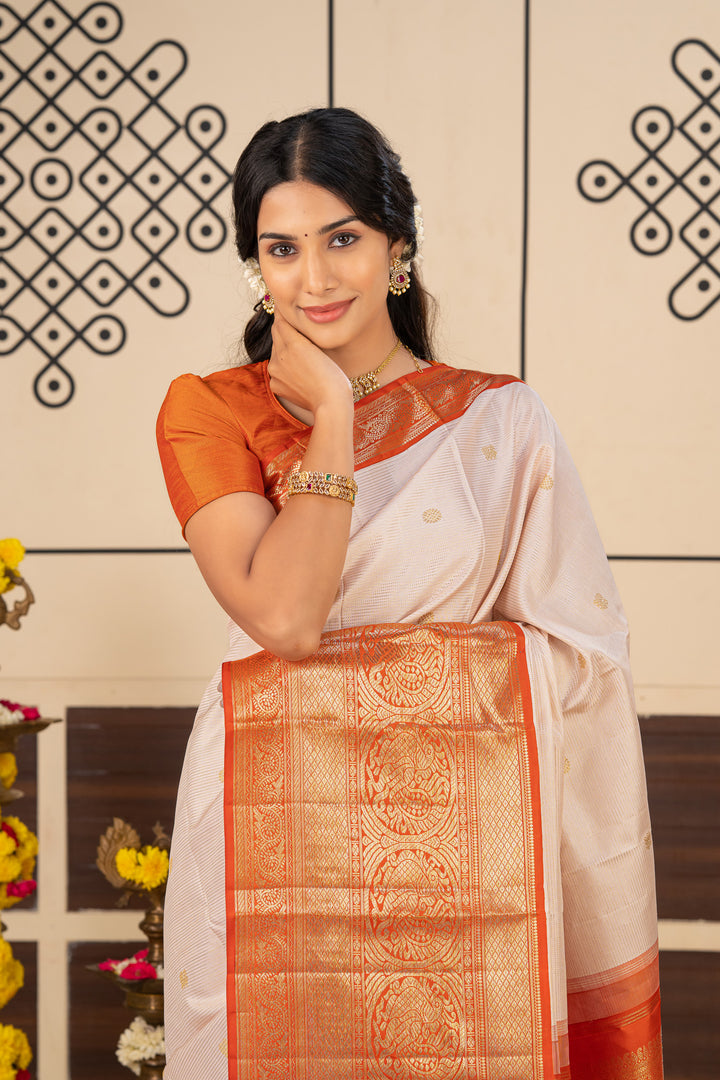 Peach White and Orange Vairaoosi Stripes Pure Kanchipuram Silk Saree