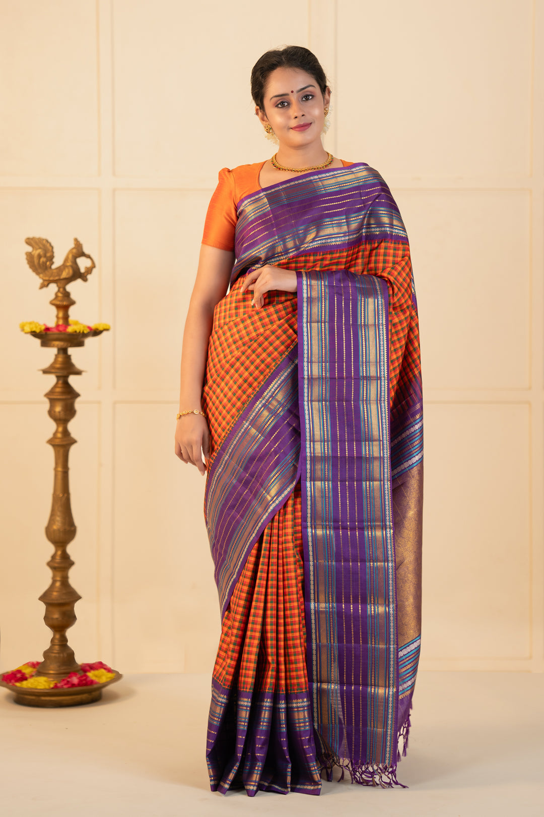 Orange multi checks purple varisaipettu pure kanchipuram silk saree