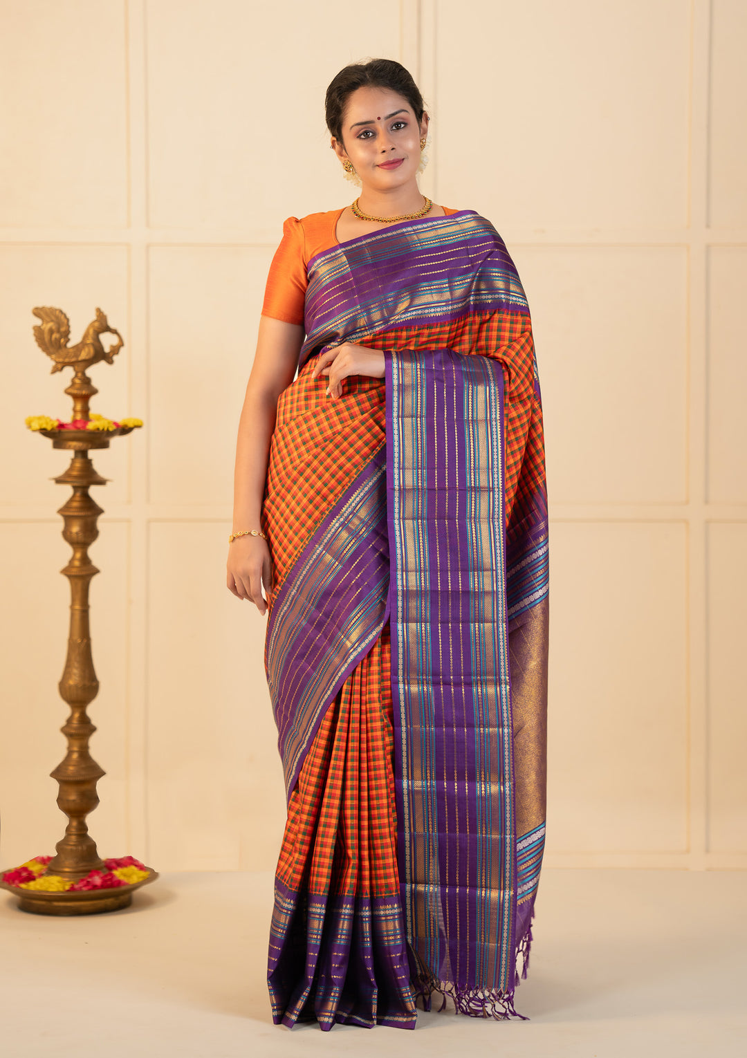 Orange multi checks purple varisaipettu pure kanchipuram silk saree