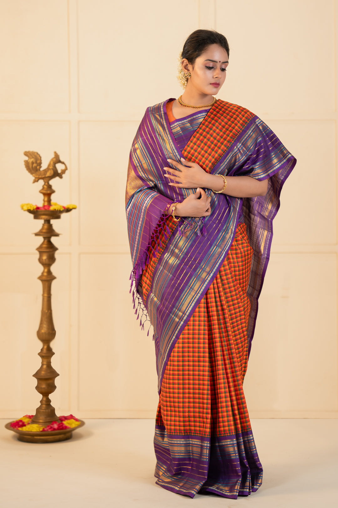 Orange multi checks purple varisaipettu pure kanchipuram silk saree