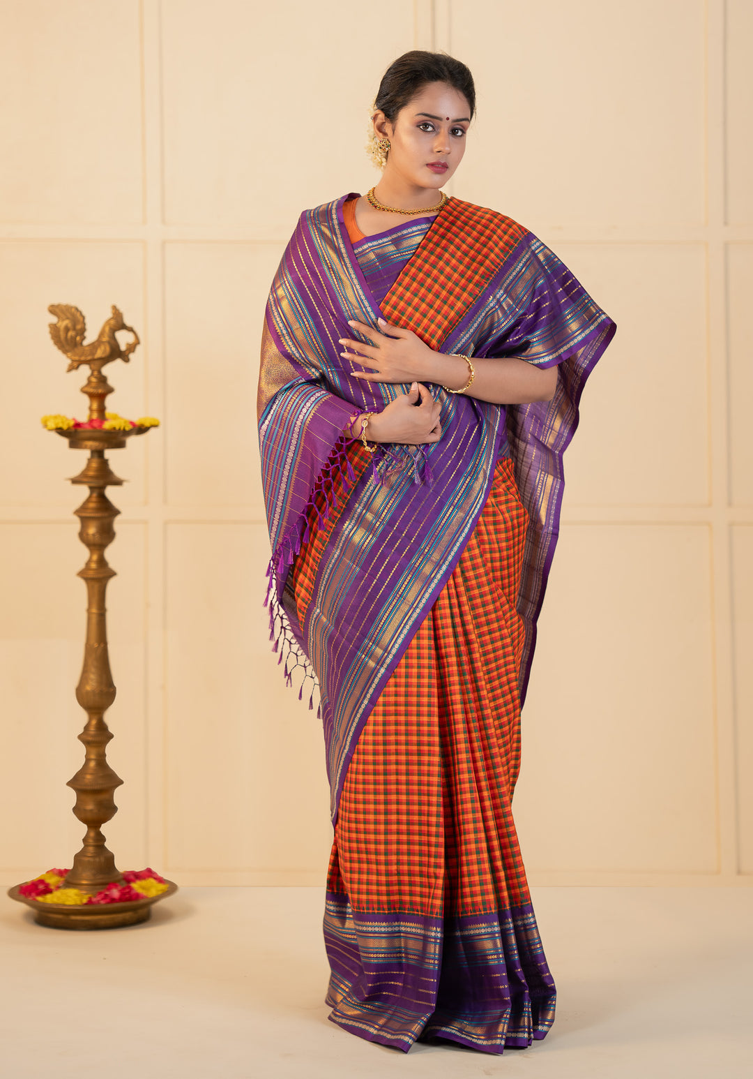 Orange multi checks purple varisaipettu pure kanchipuram silk saree