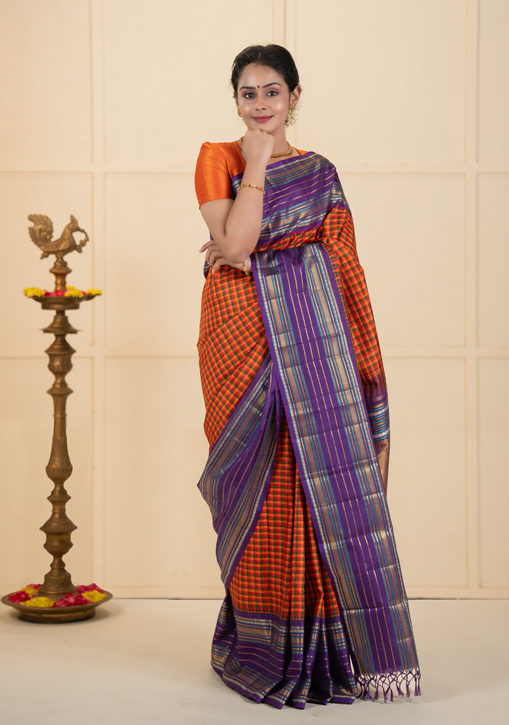 Orange multi checks purple varisaipettu pure kanchipuram silk saree