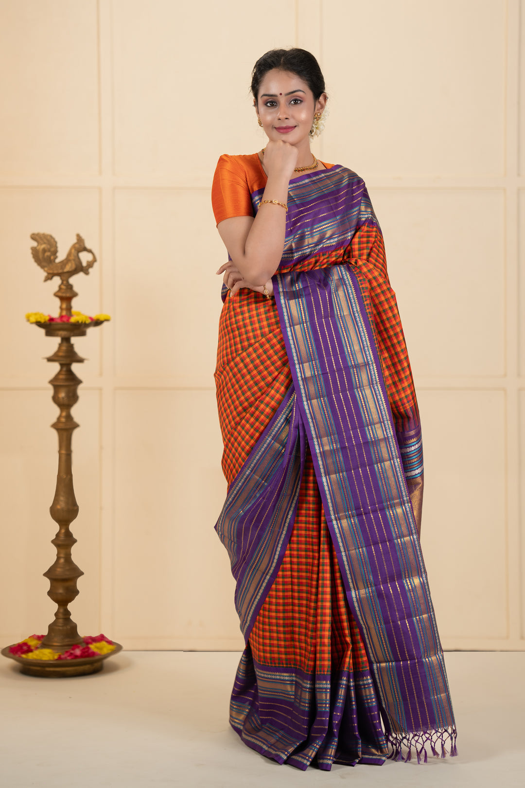 Orange multi checks purple varisaipettu pure kanchipuram silk saree