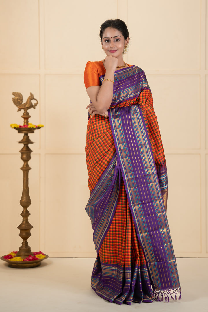 Orange multi checks purple varisaipettu pure kanchipuram silk saree