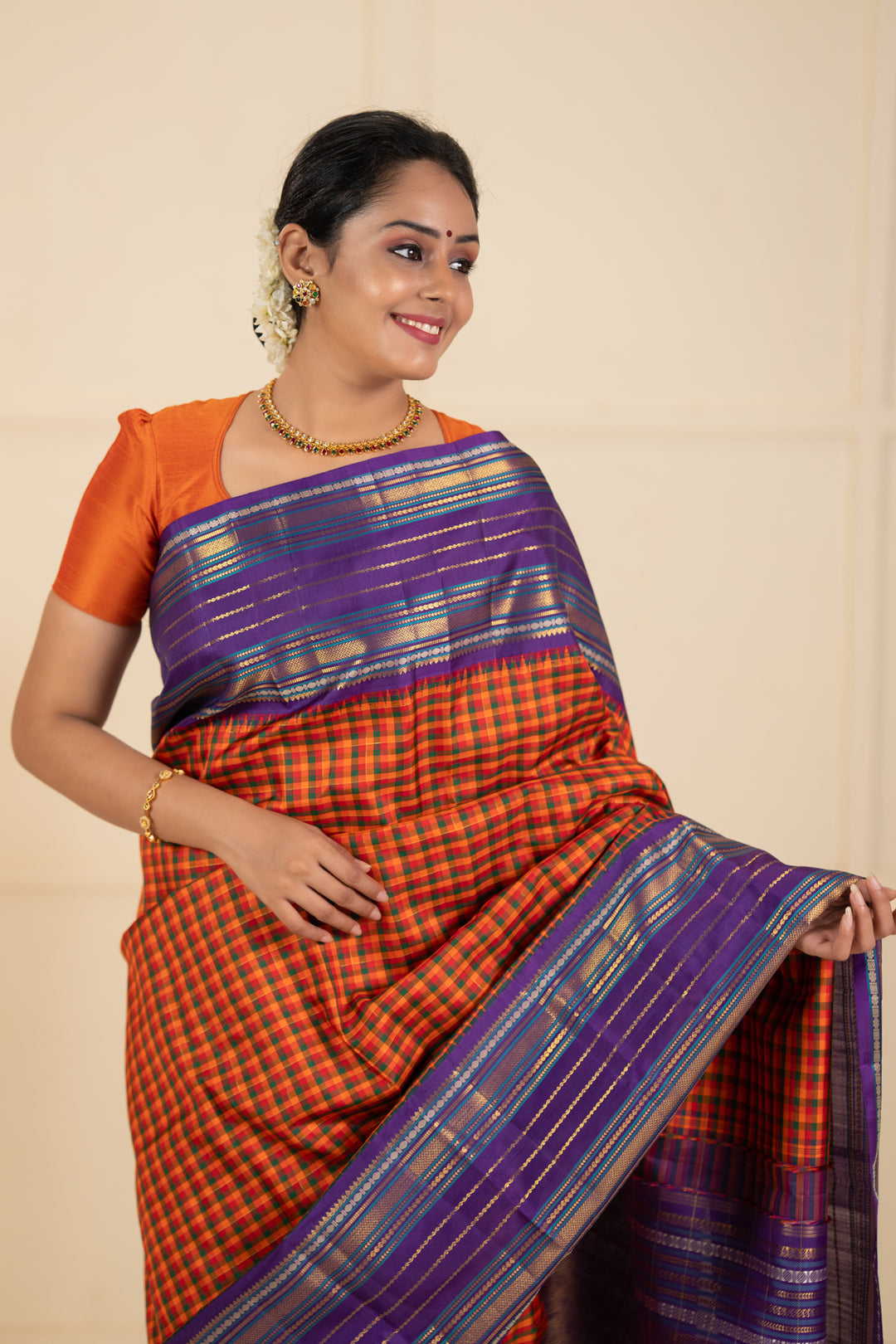 Orange multi checks purple varisaipettu pure kanchipuram silk saree