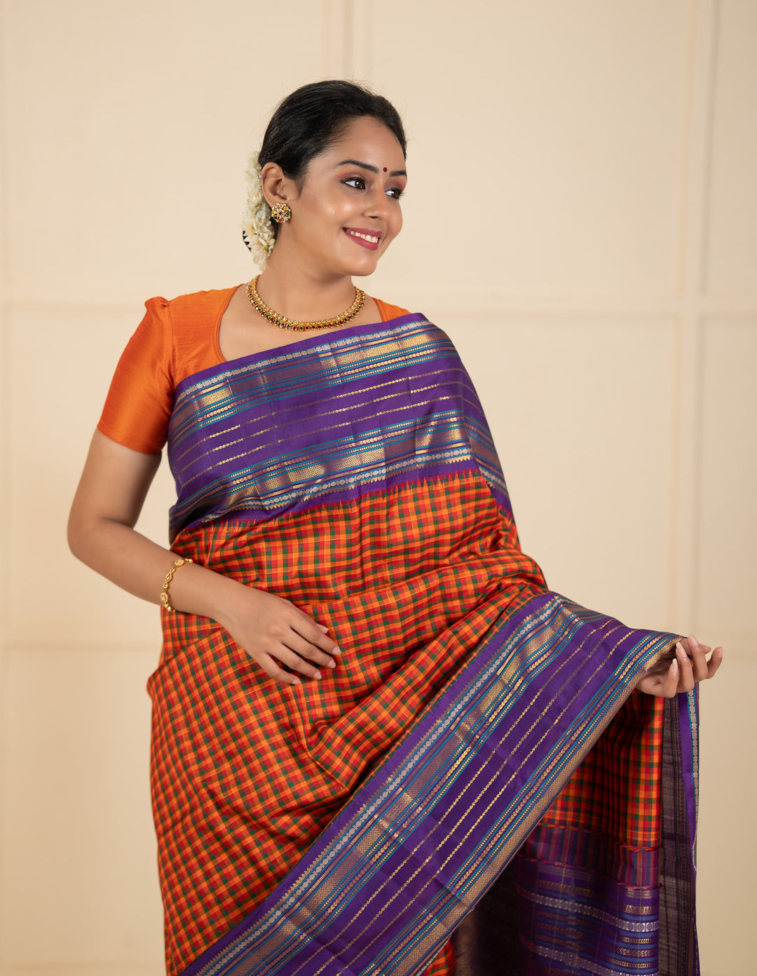 Orange multi checks purple varisaipettu pure kanchipuram silk saree