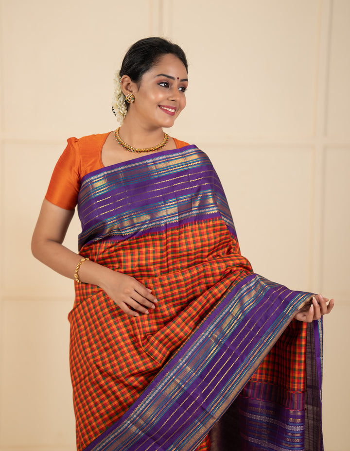 Orange multi checks purple varisaipettu pure kanchipuram silk saree