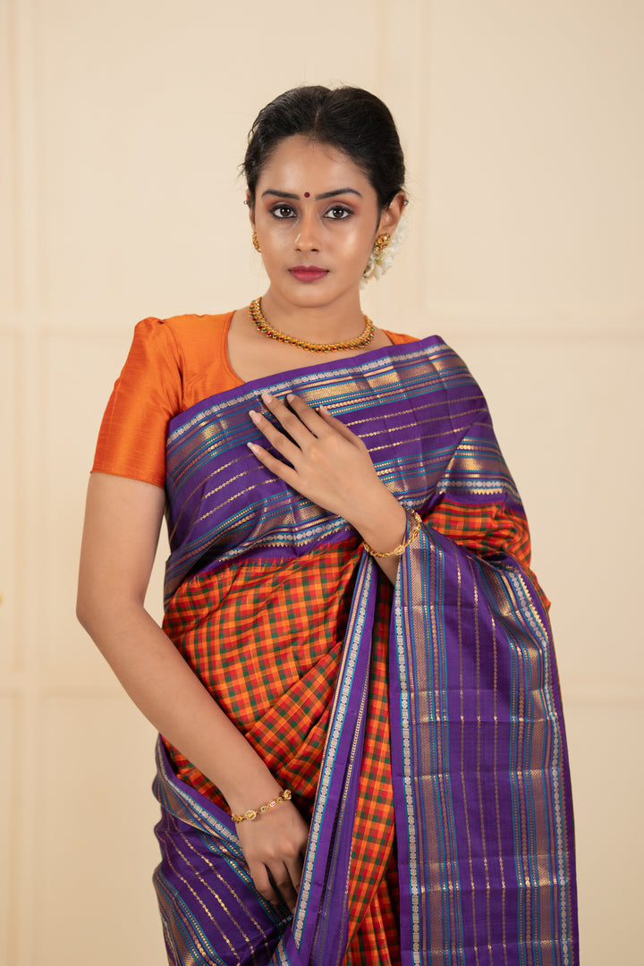 Orange multi checks purple varisaipettu pure kanchipuram silk saree