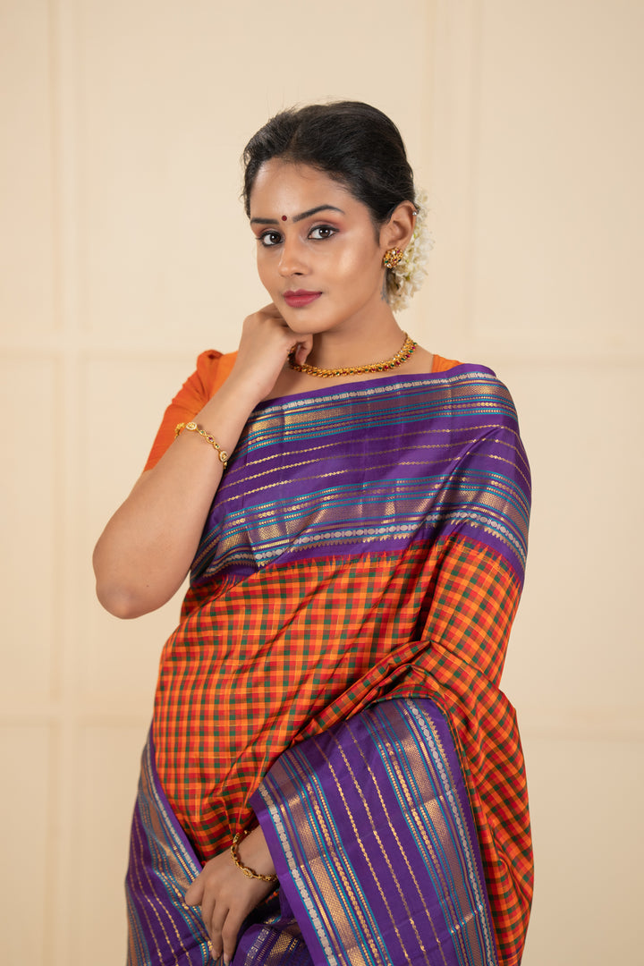 Orange multi checks purple varisaipettu pure kanchipuram silk saree