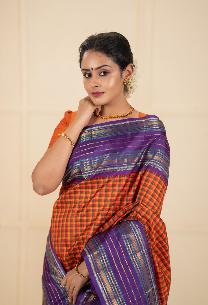 Orange multi checks purple varisaipettu pure kanchipuram silk saree
