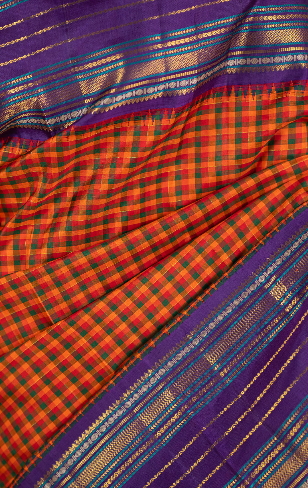 Orange multi checks purple varisaipettu pure kanchipuram silk saree