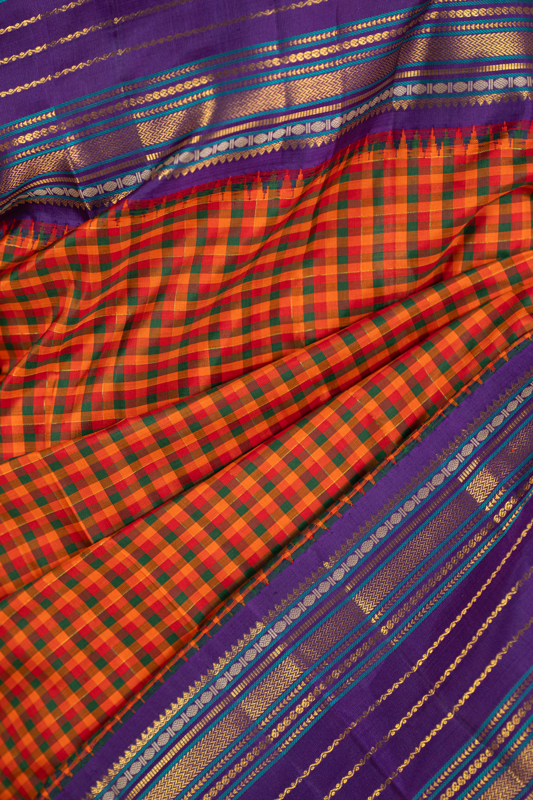 Orange multi checks purple varisaipettu pure kanchipuram silk saree