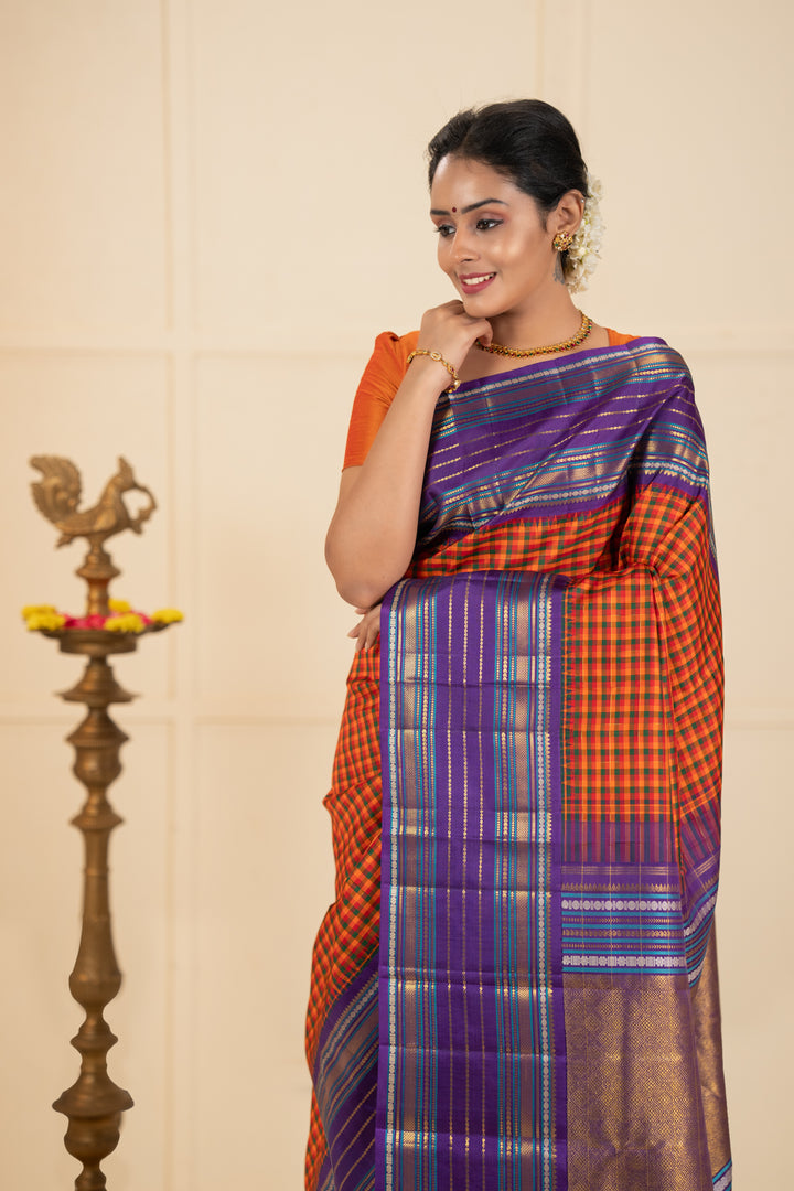 Orange multi checks purple varisaipettu pure kanchipuram silk saree