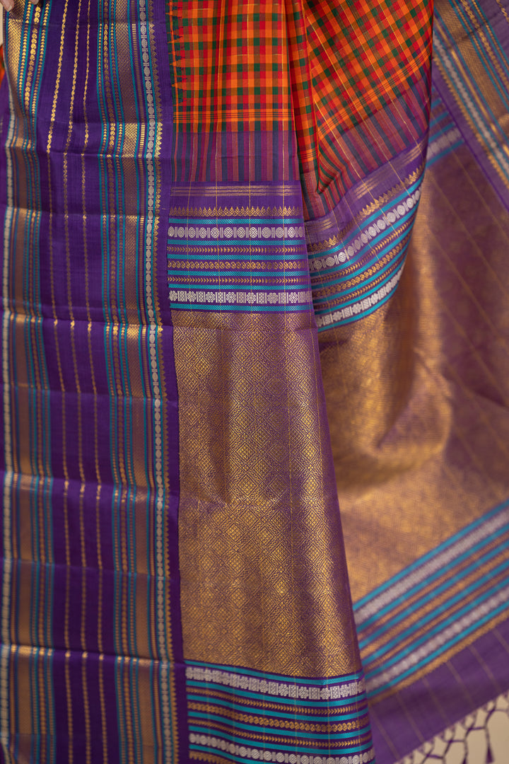 Orange multi checks purple varisaipettu pure kanchipuram silk saree