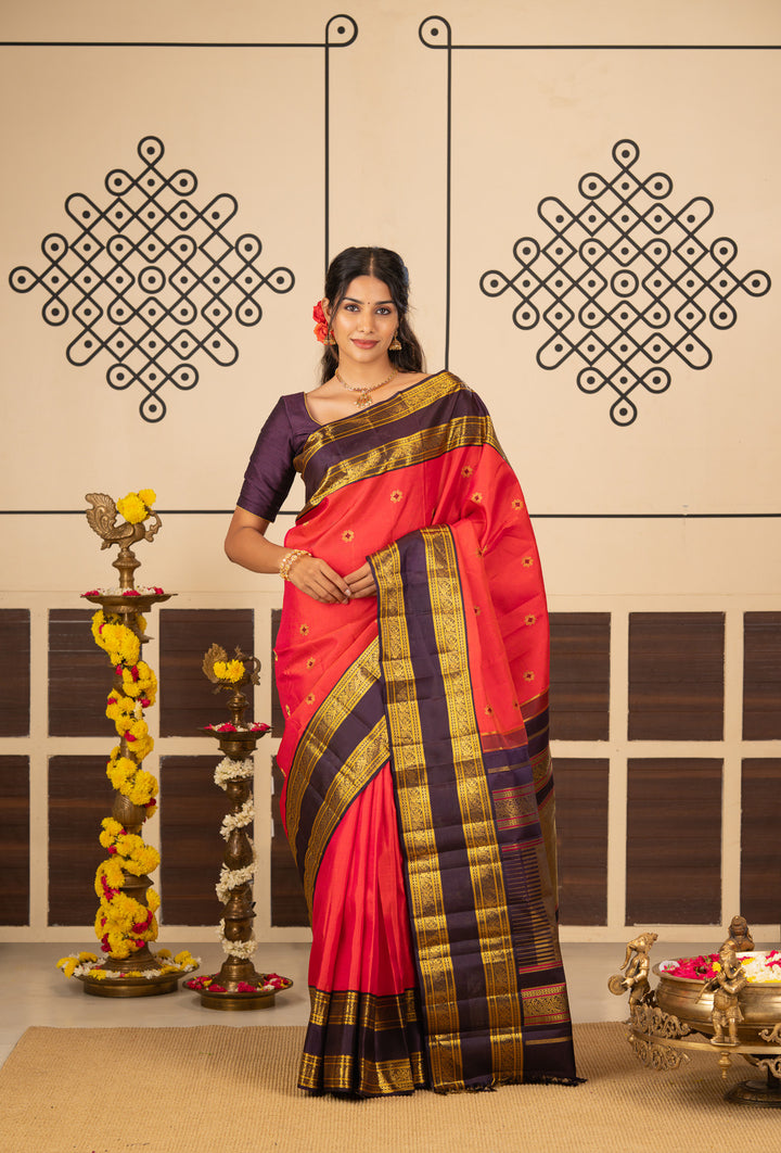 Reddish Pink and Brown Meenakari Butti Pure Kanchipuram Silk Saree