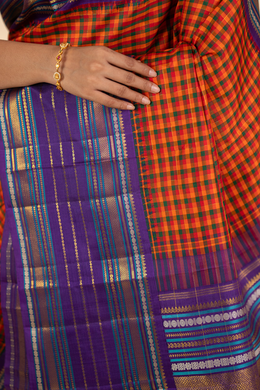 Orange multi checks purple varisaipettu pure kanchipuram silk saree