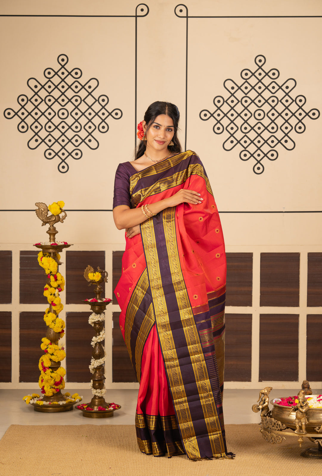 Reddish Pink and Brown Meenakari Butti Pure Kanchipuram Silk Saree