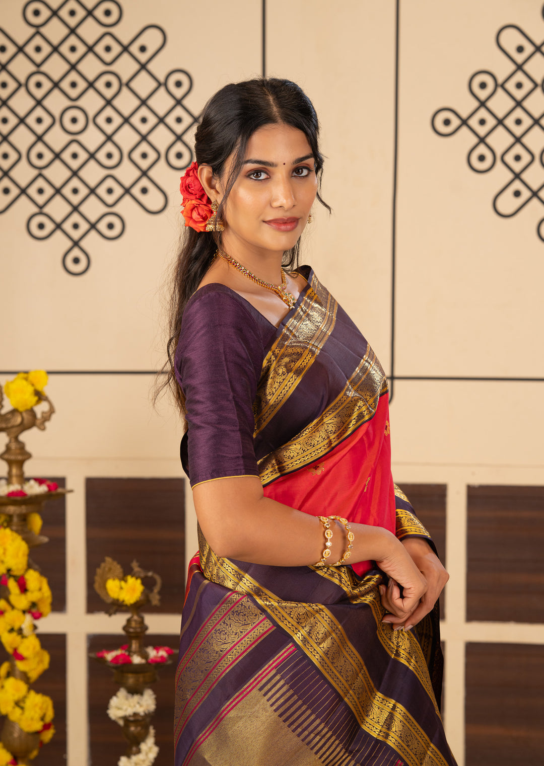 Reddish Pink and Brown Meenakari Butti Pure Kanchipuram Silk Saree