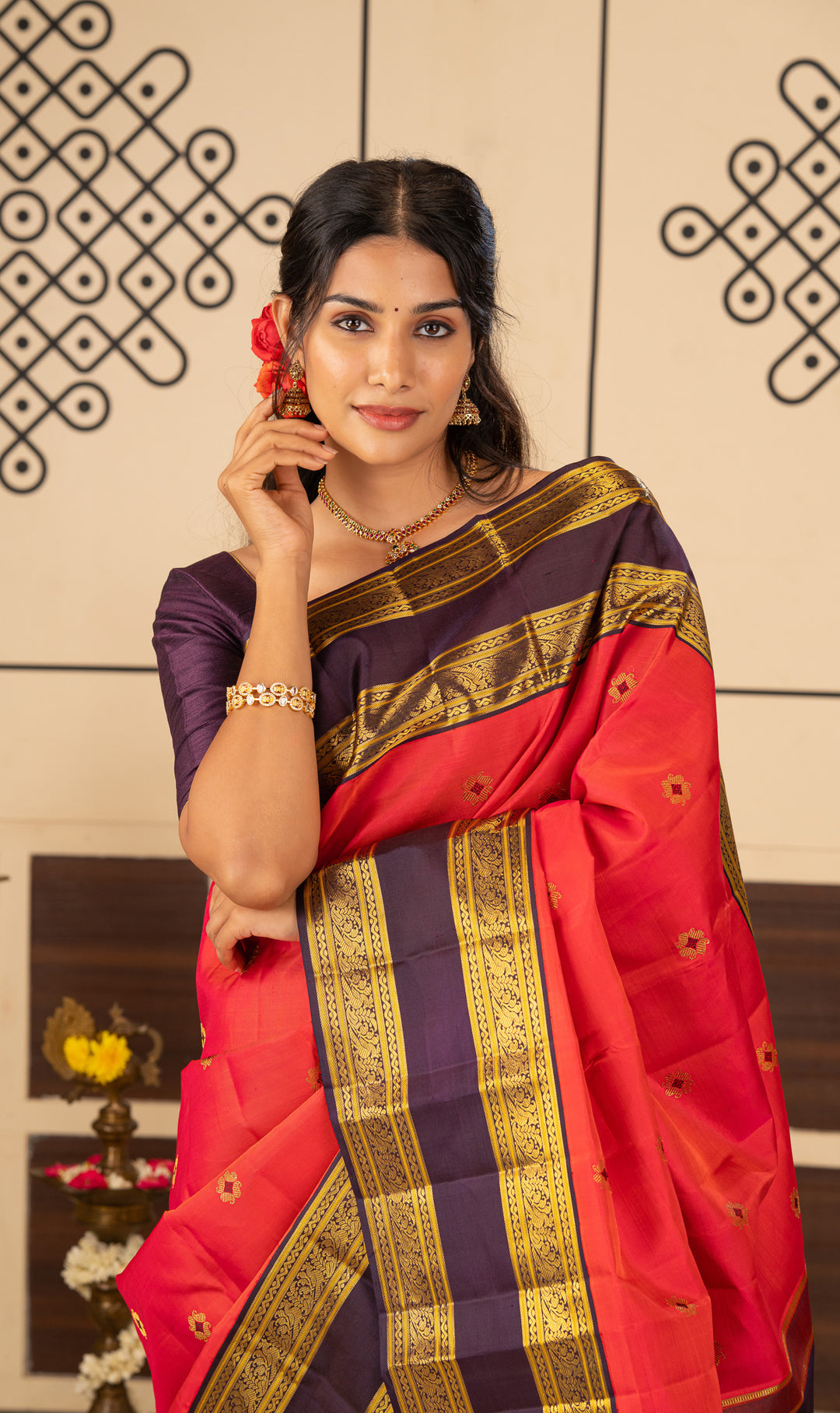 Reddish Pink and Brown Meenakari Butti Pure Kanchipuram Silk Saree