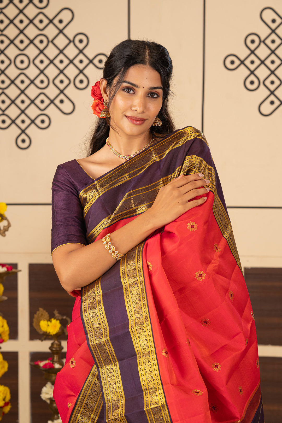 Reddish Pink and Brown Meenakari Butti Pure Kanchipuram Silk Saree